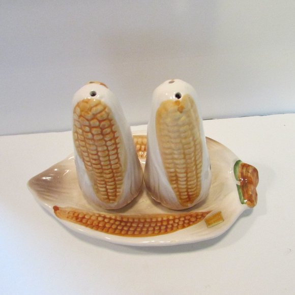 vintage Japan ceramic corn on the cob shape salt and pepper holders with tray - Picture 2 of 10